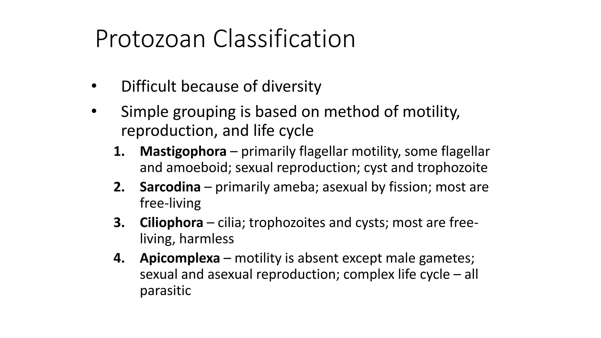 Protozoan Classification
• Difficult because of diversity
• Simple grouping is based on method of motility,
reproduction, and life cycle
1. Mastigophora – primarily flagellar motility, some flagellar
and amoeboid; sexual reproduction; cyst and trophozoite
2. Sarcodina – primarily ameba; asexual by fission; most are
free-living
3. Ciliophora – cilia; trophozoites and cysts; most are free-
living, harmless
4. Apicomplexa – motility is absent except male gametes;
sexual and asexual reproduction; complex life cycle – all
parasitic
 