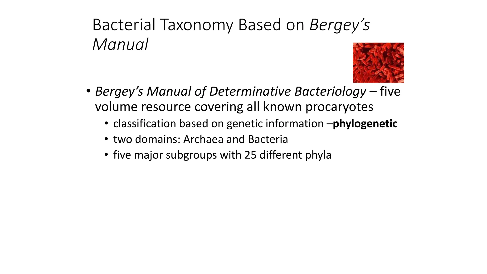 Bacterial Taxonomy Based on Bergey’s
Manual
• Bergey’s Manual of Determinative Bacteriology – five
volume resource covering all known procaryotes
• classification based on genetic information –phylogenetic
• two domains: Archaea and Bacteria
• five major subgroups with 25 different phyla
 