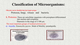 Classification of Microorganisms:
•Microbes can be classified into four major groups:
Protozoa, fungi, viruses and bacteria.
1. Protozoa: These are unicellular organisms with protoplasm differentiated
into nucleus and cytoplasm.
Diameters in the range of 2-100 μm.
The most important groups of medical protozoa are:
a) Amoeba: Entamoeba species. Mode of Motility: pseudopodia.
 