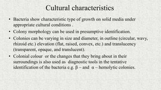 Cultural characteristics
• Bacteria show characteristic type of growth on solid media under
appropriate cultural conditions .
• Colony morphology can be used in presumptive identification.
• Colonies can be varying in size and diameter, in outline (circular, wavy,
rhizoid etc.) elevation (flat, raised, convex, etc.) and translucency
(transparent, opaque, and translucent).
• Colonial colour or the changes that they bring about in their
surroundings is also used as diagnostic tools in the tentative
identification of the bacteria e.g. β – and α – hemolytic colonies.
 