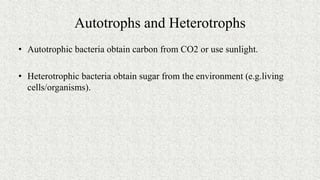 Autotrophs and Heterotrophs
• Autotrophic bacteria obtain carbon from CO2 or use sunlight.
• Heterotrophic bacteria obtain sugar from the environment (e.g.living
cells/organisms).
 