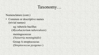 Taxonomy…
Nomenclature (cont.)
• Common or descriptive names
(trivial names)
eg: tubercle bacillus
(Mycobacterium tuberculosis)
meningococcus
(Neiserria meningitidis)
Group A streptococcus
(Streptococcus pyogenes )
 