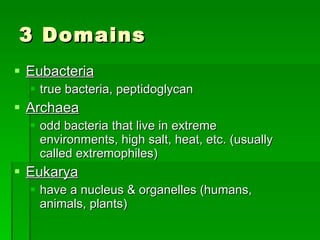 3 Domains Eubacteria   true bacteria, peptidoglycan Archaea   odd bacteria that live in extreme environments, high salt, heat, etc. (usually called extremophiles) Eukarya have a nucleus & organelles (humans, animals, plants) 