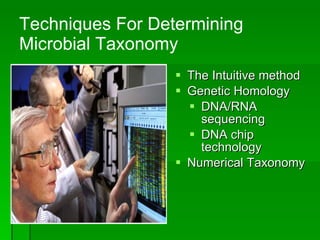 Techniques For Determining Microbial Taxonomy The Intuitive method Genetic Homology DNA/RNA sequencing DNA chip technology Numerical Taxonomy 