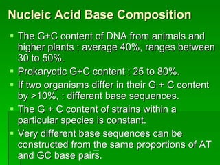 Nucleic Acid Base Composition The G+C content of DNA from animals and higher plants : average 40%, ranges between 30 to 50%.  Prokaryotic G+C content : 25 to 80%.  If two organisms differ in their G + C content by >10%, : different base sequences. The G + C content of strains within a particular species is constant.  Very different base sequences can be constructed from the same proportions of AT and GC base pairs.  . 