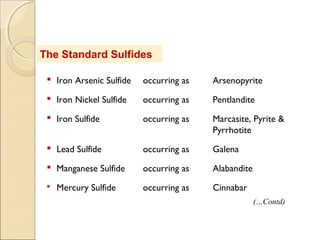 The Standard Sulfides
 Iron Arsenic Sulfide occurring as Arsenopyrite
 Iron Nickel Sulfide occurring as Pentlandite
 Iron Sulfide occurring as Marcasite, Pyrite &
Pyrrhotite
 Lead Sulfide occurring as Galena
 Manganese Sulfide occurring as Alabandite
 Mercury Sulfide occurring as Cinnabar
(…Contd)
 