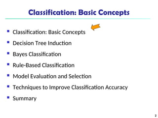 2
Classification: Basic Concepts
 Classification: Basic Concepts
 Decision Tree Induction
 Bayes Classification
 Rule-Based Classification
 Model Evaluation and Selection
 Techniques to Improve Classification Accuracy
 Summary
 
