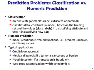 4
 Classification
 predicts categorical class labels (discrete or nominal)
 classifies data (constructs a model) based on the training
set and the values (class labels) in a classifying attribute and
uses it in classifying new data
 Numeric Prediction
 models continuous-valued functions, i.e., predicts unknown
or missing values
 Typical applications
 Credit/loan approval:
 Medical diagnosis: if a tumor is cancerous or benign
 Fraud detection: if a transaction is fraudulent
 Web page categorization: which category it is
Prediction Problems: Classification vs.
Numeric Prediction
 