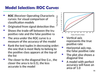 Model Selection: ROC Curves
 ROC (Receiver Operating Characteristics)
curves: for visual comparison of
classification models
 Originated from signal detection theory
 Shows the trade-off between the true
positive rate and the false positive rate
 The area under the ROC curve is a
measure of the accuracy of the model
 Rank the test tuples in decreasing order:
the one that is most likely to belong to
the positive class appears at the top of
the list
 The closer to the diagonal line (i.e., the
closer the area is to 0.5), the less
accurate is the model
 Vertical axis
represents the true
positive rate
 Horizontal axis rep.
the false positive rate
 The plot also shows a
diagonal line
 A model with perfect
accuracy will have an
area of 1.0
53
 