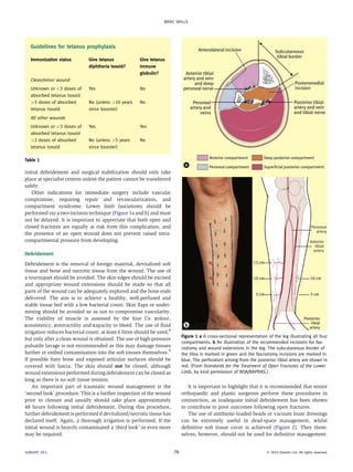 BASIC SKILLS




   Guidelines for tetanus prophylaxis

   Immunization status        Give tetanus             Give tetanus
                              diphtheria toxoid?       immune
                                                       globulin?
   Clean/minor wound
   Unknown or 3 doses of     Yes                      No
   absorbed tetanus toxoid
   3 doses of absorbed       No (unless 10 years     No
   tetanus toxoid             since booster)
   All other wounds
   Unknown or 3 doses of     Yes                      Yes
   absorbed tetanus toxoid
   3 doses of absorbed       No (unless 5 years      No
   tetanus toxoid             since booster)

Table 1

initial debridement and surgical stabilization should only take
place at specialist centres unless the patient cannot be transferred
safely.
    Other indications for immediate surgery include vascular
compromise, requiring repair and revascularization, and
compartment syndrome. Lower limb fasciotomy should be
performed via a two-incision technique (Figure 1a and b) and must
not be delayed. It is important to appreciate that both open and
closed fractures are equally at risk from this complication, and
the presence of an open wound does not prevent raised intra-
compartmental pressure from developing.

Debridement
Debridement is the removal of foreign material, devitalized soft
tissue and bone and necrotic tissue from the wound. The use of
a tourniquet should be avoided. The skin edges should be excised
and appropriate wound extensions should be made so that all
parts of the wound can be adequately explored and the bone ends
delivered. The aim is to achieve a healthy, well-perfused and
stable tissue bed with a low bacterial count. Skin ﬂaps or under-
mining should be avoided so as not to compromise vascularity.
The viability of muscle is assessed by the four Cs: colour,
consistency, contractility and capacity to bleed. The use of ﬂuid
irrigation reduces bacterial count; at least 6 litres should be used,8
                                                                              Figure 1 a A cross-sectional representation of the leg illustrating all four
but only after a clean wound is obtained. The use of high-pressure
                                                                              compartments. b An illustration of the recommended incisions for fas-
pulsatile lavage is not recommended as this may damage tissues                ciotomy and wound extensions in the leg. The subcutaneous border of
further or embed contamination into the soft tissues themselves.9             the tibia is marked in green and the fasciotomy incisions are marked in
If possible bare bone and exposed articular surfaces should be                blue. The perforators arising from the posterior tibial artery are shown in
covered with fascia. The skin should not be closed, although                  red. (From Standards for the Treatment of Open Fractures of the Lower
wound extensions performed during debridement can be closed as                Limb, by kind permission of BOA/BAPRAS.)
long as there is no soft tissue tension.
    An important part of traumatic wound management is the                       It is important to highlight that it is recommended that senior
‘second look’ procedure. This is a further inspection of the wound            orthopaedic and plastic surgeons perform these procedures in
prior to closure and usually should take place approximately                  conjunction, as inadequate initial debridement has been shown
48 hours following initial debridement. During this procedure,                to contribute to poor outcomes following open fractures.
further debridement is performed if devitalized/necrotic tissue has              The use of antibiotic-loaded beads or vacuum foam dressings
declared itself. Again, a thorough irrigation is performed. If the            can be extremely useful in dead-space management, whilst
initial wound is heavily contaminated a ‘third look’ or even more             deﬁnitive soft tissue cover is achieved (Figure 2). They them-
may be required.                                                              selves, however, should not be used for deﬁnitive management.


SURGERY 29:2                                                             78                                               Ó 2010 Elsevier Ltd. All rights reserved.
 