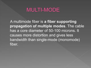 A multimode fiber is a fiber supporting
propagation of multiple modes. The cable
has a core diameter of 50-100 microns. It
causes more distortion and gives less
bandwidth than single-mode (monomode)
fiber.