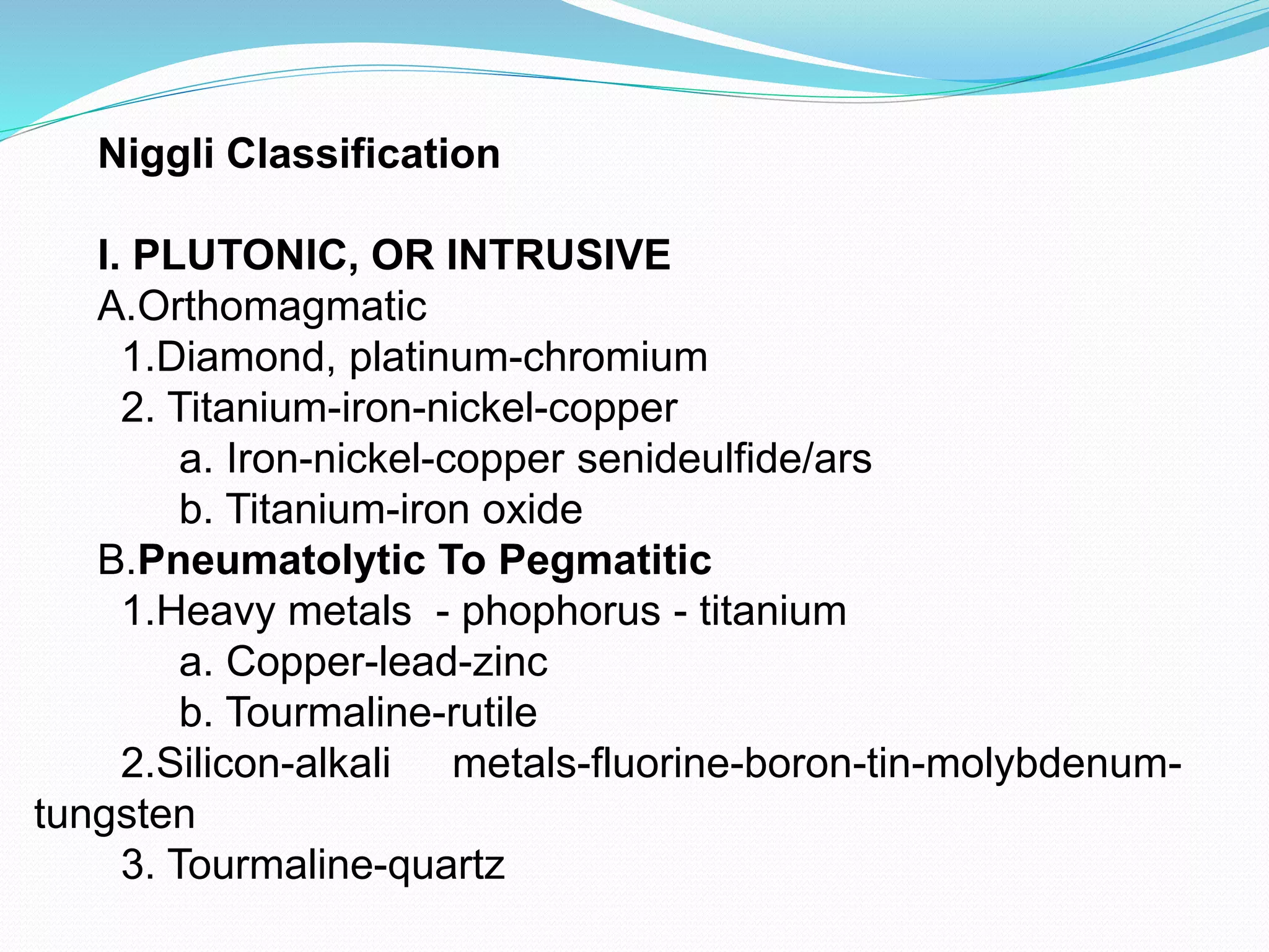 Niggli Classification
I. PLUTONIC, OR INTRUSIVE
A.Orthomagmatic
1.Diamond, platinum-chromium
2. Titanium-iron-nickel-copper
a. Iron-nickel-copper senideulfide/ars
b. Titanium-iron oxide
B.Pneumatolytic To Pegmatitic
1.Heavy metals - phophorus - titanium
a. Copper-lead-zinc
b. Tourmaline-rutile
2.Silicon-alkali metals-fluorine-boron-tin-molybdenum-
tungsten
3. Tourmaline-quartz
 