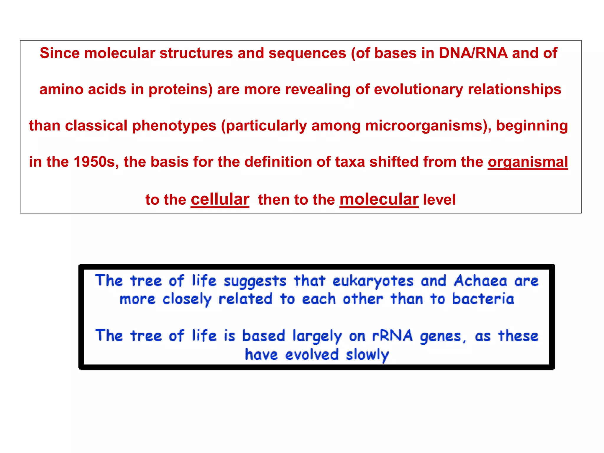 Since molecular structures and sequences (of bases in DNA/RNA and of
amino acids in proteins) are more revealing of evolutionary relationships
than classical phenotypes (particularly among microorganisms), beginning
in the 1950s, the basis for the definition of taxa shifted from the organismal
to the cellular then to the molecular level
 
