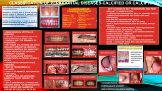 CLASSIFICATION OF PERIODONTAL DISEASES-CALCIFIED OR CALCIFYING?
SS YASMIN PARVIN
POSTGRADUATE STUDENT
MADHA DENTAL COLLEGE & HOSPITAL
KEY CHANGES IN 2017 PERIODONTAL AND PERI
IMPLANT CLASSIFICATION:
 CLASSIFICATION:PERIODONTAL HEALTH , GINGIVAL HEALTH
, DISRASE ND CODISEASES AND CONDITIONS WAS
INTRODUCED.
 PERI IMPLANT NDITIONS WERE ADDED.
 DEFINITION OF PERIODONTAL HEALTH GIVEN.
 TERM PLAQUE INDUCED REPLACED BY DENTAL BIOFILM
INDUCED.
 SYSTEMIC RISK FACTORS NEWLY ADDED ARE SMOKING,
HYPERGLYCEMIA, NUTRTIONAL FACTORS,
PHARMACOLOGICAL AGENTS, SEX STEROID HARMONES,
HAEMATOLOGICAL CONDITION.
 MYCOBACTERIUM TUBERCULOSIS ADDED TO SPECIFIC
INFECTION OF BACTERIAL ORIGIN.
 SPECIFIC INFECTION OF VIRAL ORIGIN IS DISCUSSED IN
DETAIL – COXSACKIE VIRUS, MOLLUSCUM CONTAGIOSUM,
HUMAN PAPILLOMA VIRUS.
.LINEAR GINGIVAL ERTHYMA IS
REMOVED.
 BIOLOGICAL WIDTH TERM IS REPLACED
WITH SUPRA CRESTAL TISSUE TERM
GINGIVAL BIOTYPE RENAMED AS
PHENOTYPE
ERYTHEMA MULTIFORME AND DRUG
INDUCED CATEGORY IS REMOVED.
GRANULOMATOUS INFLAMMATORY
LESION AND REACTIVE PROCESS
CATEGORY IS ADDED.
NEOPLASMAS AND GINGIVAL
PIGMENTATION CATEGORY IS NEWLY
ADDED.
AGGRESSIVE PERIODONTITIS IS
REMOVED .
RISK OF PROGRESSION IS
INCLUDED.
EFFECT OF INDIRECT RESTORATION
IS INCLUDED.
GENERALIZED AND LOCALIZED
BASED ON THIRTY PERCENT OF
TEETH.
MULTI DIMENSIONAL STAGING AND
GRADING ADDED FOR PERIODONTITIS
AND IT IS NOT ONLY BASED ON
DISEASE SEVERITY BUT ALSO ON
 