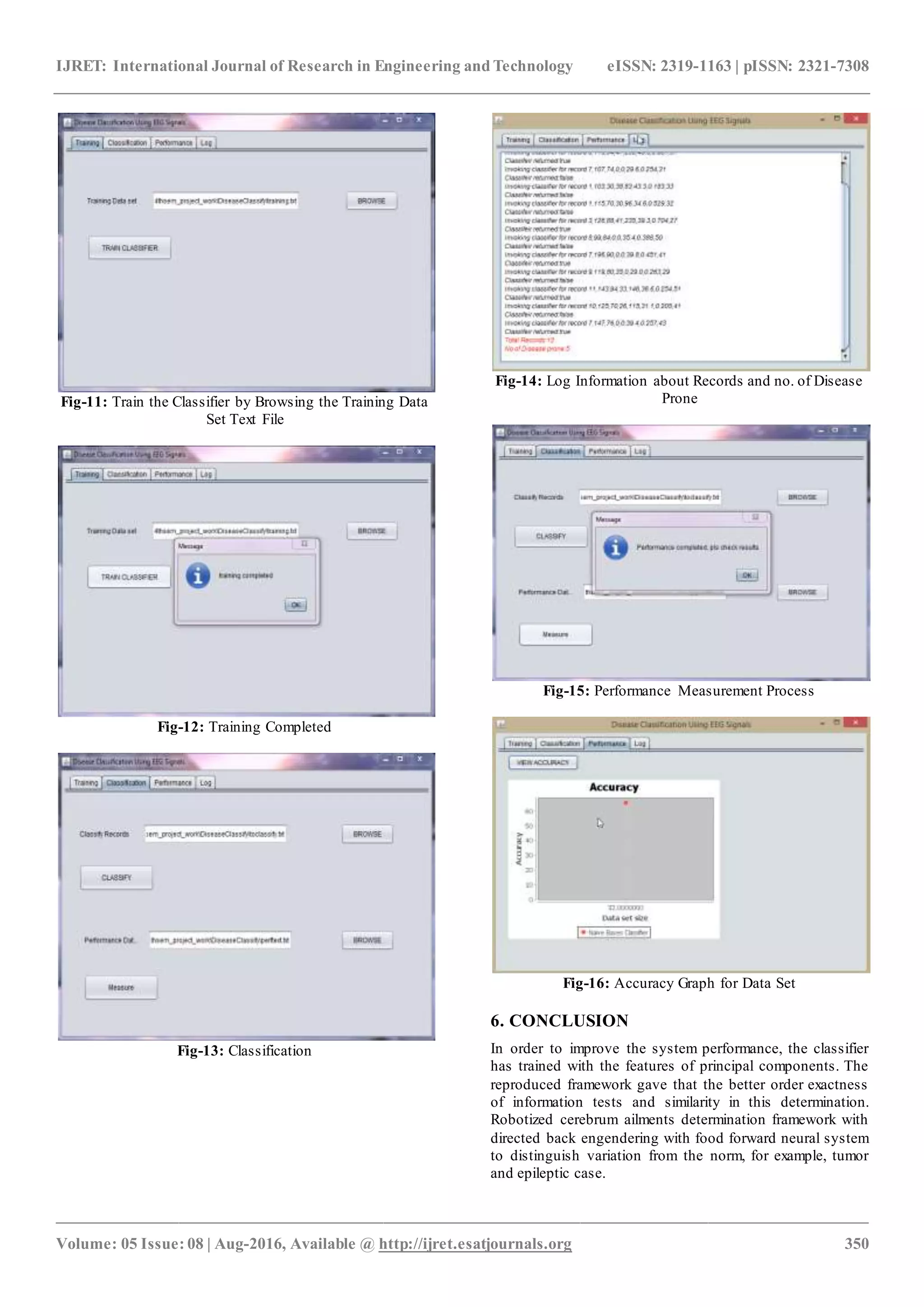 IJRET: International Journal of Research in Engineering and Technology eISSN: 2319-1163 | pISSN: 2321-7308
_______________________________________________________________________________________________
Volume: 05 Issue: 08 | Aug-2016, Available @ http://ijret.esatjournals.org 350
Fig-11: Train the Classifier by Browsing the Training Data
Set Text File
Fig-12: Training Completed
Fig-13: Classification
Fig-14: Log Information about Records and no. of Disease
Prone
Fig-15: Performance Measurement Process
Fig-16: Accuracy Graph for Data Set
6. CONCLUSION
In order to improve the system performance, the classifier
has trained with the features of principal components. The
reproduced framework gave that the better order exactness
of information tests and similarity in this determination.
Robotized cerebrum ailments determination framework with
directed back engendering with food forward neural system
to distinguish variation from the norm, for example, tumor
and epileptic case.
 