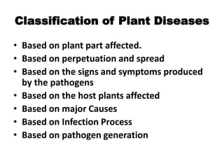 Classification of Plant Diseases
• Based on plant part affected.
• Based on perpetuation and spread
• Based on the signs and symptoms produced
by the pathogens
• Based on the host plants affected
• Based on major Causes
• Based on Infection Process
• Based on pathogen generation
 