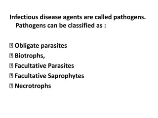 Infectious disease agents are called pathogens.
Pathogens can be classified as :
Obligate parasites
Biotrophs,
Facultative Parasites
Facultative Saprophytes
Necrotrophs
 