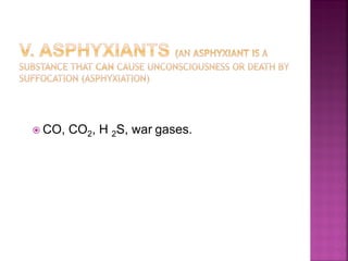  CO, CO2, H 2S, war gases.
 