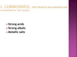  Strong acids
 Strong alkalis
 Metallic salts
 