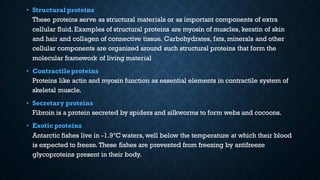 • Structural proteins
These proteins serve as structural materials or as important components of extra
cellular fluid.Examples of structural proteins are myosin of muscles, keratin of skin
and hair and collagen of connective tissue. Carbohydrates, fats, minerals and other
cellular components are organized around such structural proteins that form the
molecular framework of living material
• Contractileproteins
Proteins like actin and myosin function as essential elements in contractile system of
skeletal muscle.
• Secretary proteins
Fibroin is a protein secreted by spiders and silkworms to form webs and cocoons.
• Exotic proteins
Antarctic fishes live in -1.9ºC waters, well below the temperature at which their blood
is expected to freeze. These fishes are prevented from freezing by antifreeze
glycoproteins present in their body.
 