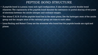 PEPTIDE BOND STRUCTURE
• A peptide bond is a planar, trans and rigid configuration. It also shows a partial double bond
character. The coplanarity of the peptide bond denotes the resonance or partial sharing of two pairs
of electrons between the amide nitrogen and carboxyl oxygen.
• The atoms C, H, N, O of the peptide bond lies in the same plane, like the hydrogen atom of the amide
group and the oxygen atom of the carboxyl group are trans to each other.
• Linus Pauling and Robert Corey are the scientists who found that the peptide bonds are rigid and
planar.
 