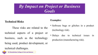 By Impact on Project or Business
Goals
Technical Risks
These risks are related to the
technical aspects of a project or
business, such as the technology
being used, product development, or
technical challenges.
Examples:
• Software bugs or glitches in a product
(technology risk).
• Delays due to technical issues in
production (manufacturing risk).
Sri Ramakrishna College of Arts and Science
 