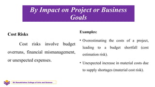By Impact on Project or Business
Goals
Cost Risks
Cost risks involve budget
overruns, financial mismanagement,
or unexpected expenses.
Examples:
• Overestimating the costs of a project,
leading to a budget shortfall (cost
estimation risk).
• Unexpected increase in material costs due
to supply shortages (material cost risk).
Sri Ramakrishna College of Arts and Science
 