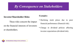 By Consequence on Stakeholders
Investor/Shareholder Risks
These risks concern the impact
on the financial interests of investors
or shareholders.
Examples:
• Declining stock prices due to poor
financial performance (financial risk).
• Change in dividend policies affecting
investor expectations (dividend risk).
Sri Ramakrishna College of Arts and Science
 