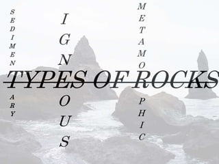 TYPES OF ROCKS
S
E
D
I
M
E
N
A
R
Y
I
G
N
O
U
S
M
E
T
A
M
O
P
H
I
C
 