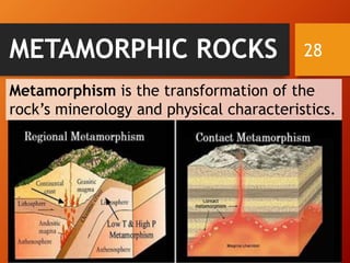 28METAMORPHIC ROCKS
Metamorphism is the transformation of the
rock’s minerology and physical characteristics.
 