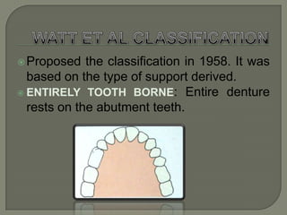 SKINNER’S SYSTEM:(1957)This system was based on the relationship of the abutment teeth to the supporting residual alveolar ridge.He said that the value of RPD is directly related to quantity and the degree of support, which it receives, from the abutment teeth and residual ridge.