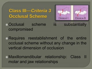    The criteria published for the Classification System for Complete Edentulism are used to categorize any edentulous span present in the partially edentulous patient.