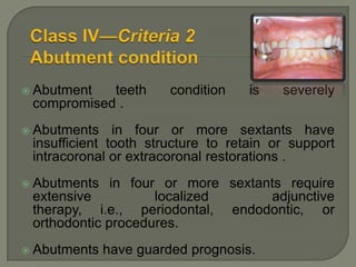 Class I—Criteria 3Occlusal SchemeOcclusal scheme is ideal or minimally compromised. No need for preprosthetictherapy.Maxillomandibular relationship: Class I molar and jaw relationships.