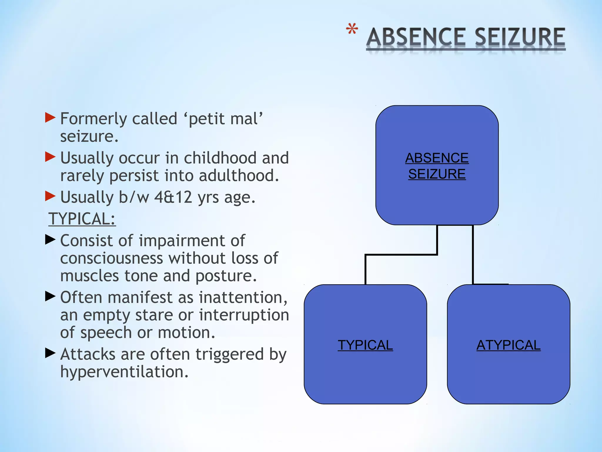 Formerly called ‘petit mal’
seizure.
Usually occur in childhood and
rarely persist into adulthood.
Usually b/w 4&12 yrs age.
TYPICAL:
Consist of impairment of
consciousness without loss of
muscles tone and posture.
Often manifest as inattention,
an empty stare or interruption
of speech or motion.
Attacks are often triggered by
hyperventilation.
ABSENCE
SEIZURE
TYPICAL ATYPICAL
 