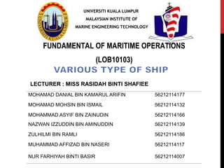 STUDENT’S NAME ID
NUR FARHIYAH BINTI BASIR 56212114007
UNIVERSITI KUALA LUMPUR
MALAYSIAN INSTITUTE OF
MARINE ENGINEERING TECHNOLOGY
LECTURER : MISS RASIDAH BINTI SHAFIEE
FUNDAMENTAL OF MARITIME OPERATIONS
(LOB10103)
 
