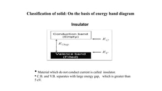 Classification of solid: On the basis of energy band diagram
• Material which do not conduct current is called insulator.
• C.B. and V.B. separates with large energy gap, which is greater than
5 eV.
Insulator
 