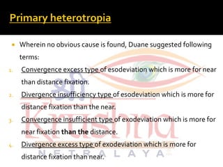  Wherein no obvious cause is found, Duane suggested following
terms:
1. Convergence excess type of esodeviation which is more for near
than distance fixation.than distance fixation.
2. Divergence insufficiency type of esodeviation which is more for
distance fixation than the near.
3. Convergence insufficient type of exodeviation which is more for
near fixation than the distance.
4. Divergence excess type of exodeviation which is more for
distance fixation than near.
 