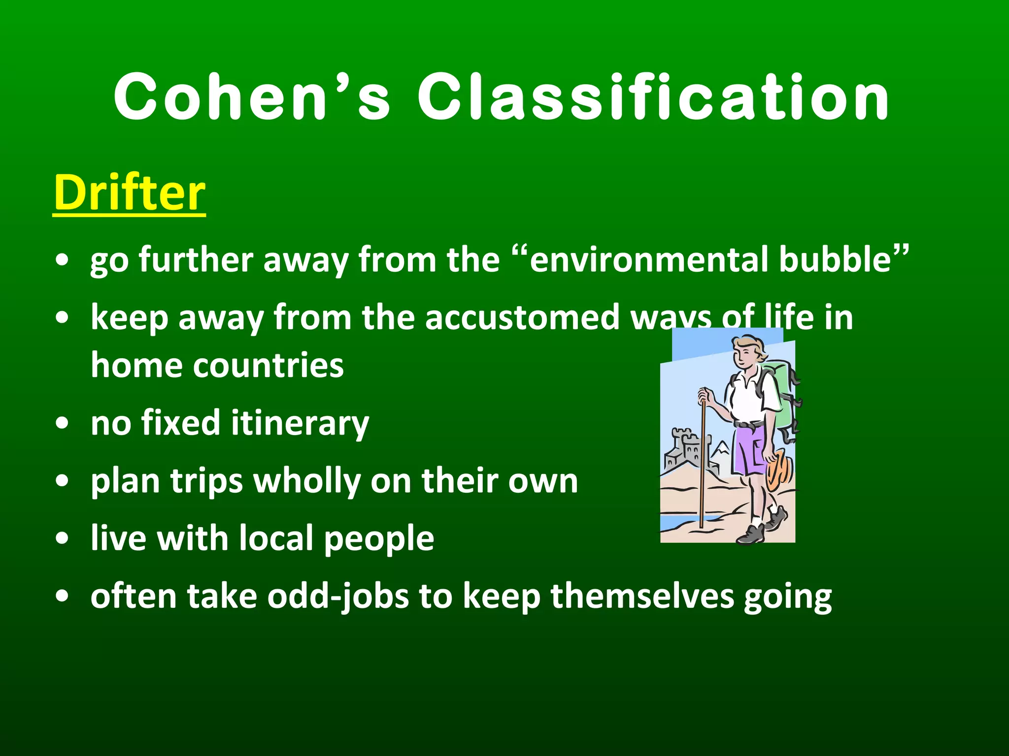 Drifter
• go further away from the “environmental bubble”
• keep away from the accustomed ways of life in
home countries
• no fixed itinerary
• plan trips wholly on their own
• live with local people
• often take odd-jobs to keep themselves going
Cohen’s Classification
 