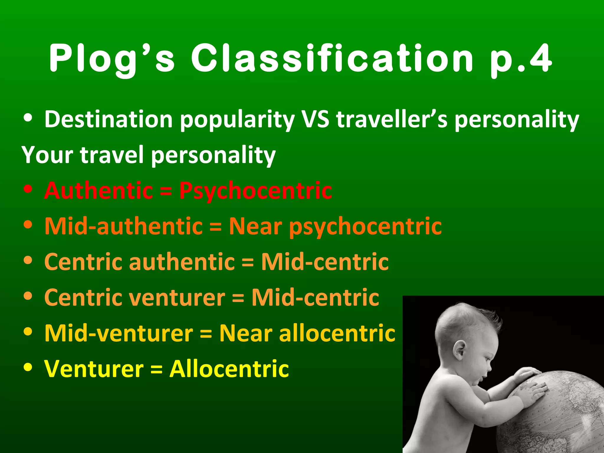 Plog’s Classification p.4
• Destination popularity VS traveller’s personality
Your travel personality
• Authentic = Psychocentric
• Mid-authentic = Near psychocentric
• Centric authentic = Mid-centric
• Centric venturer = Mid-centric
• Mid-venturer = Near allocentric
• Venturer = Allocentric
 