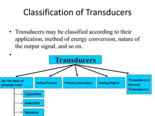 Classification of Transducers 
• Transducers may be classified according to their 
application, method of energy conversion, nature of 
the output signal, and so on. 
• 
Transducers 
On The Basis of 
principle Used 
Active/Passive Primary/Secondary Analog/Digital 
Transducers/ 
Inverse 
Transducers 
Capacitive 
Inductive 
Resistive 
 