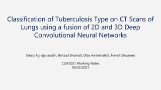 Classification of Tuberculosis Type on CT Scans of
Lungs using a fusion of 2D and 3D Deep
Convolutional Neural Networks
Emad Aghajanzadeh, Behzad Shomali, Diba Aminshahidi, Navid Ghassemi
CLEF2021 Working Notes
09/22/2021
 