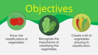 CLASSIFICATION OF VEGETABLES and its characteristics | PPTX