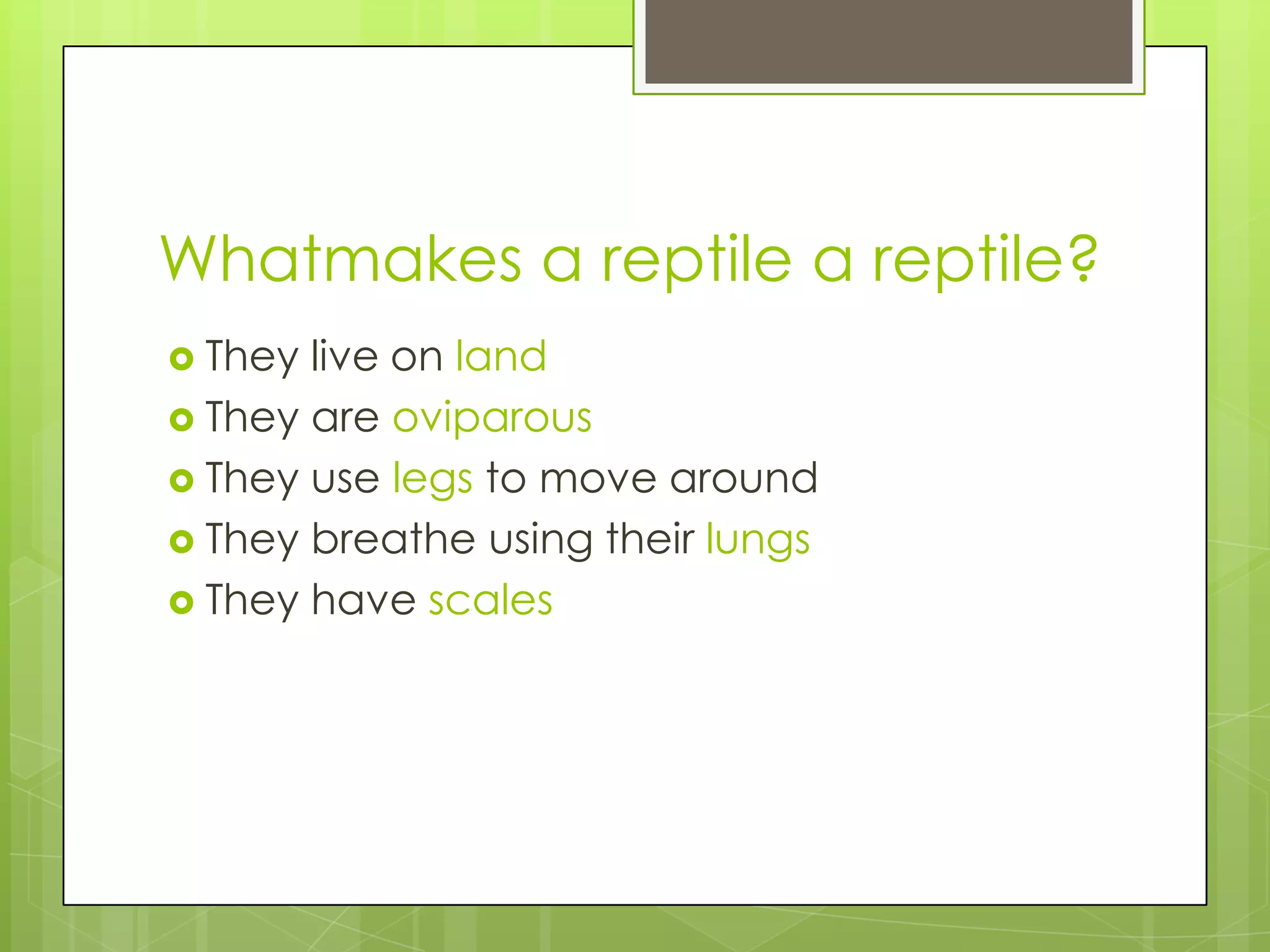 Whatmakes a reptile a reptile?
 They

live on land
 They are oviparous
 They use legs to move around
 They breathe using their lungs
 They have scales

 