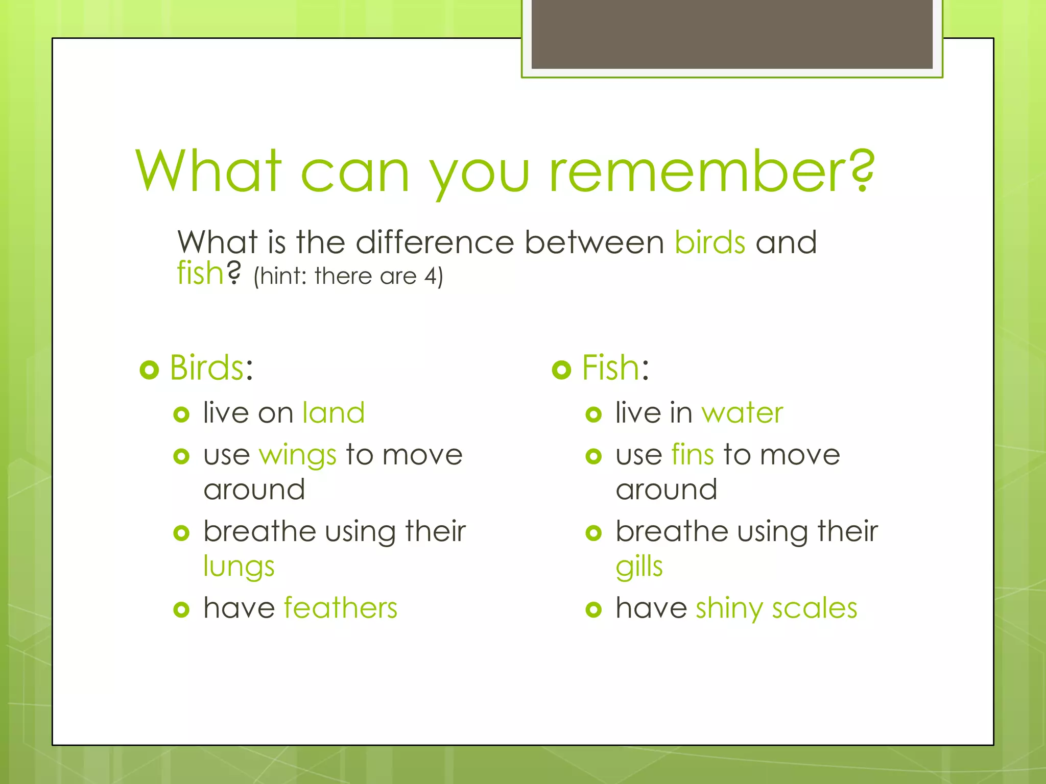 What can you remember?
What is the difference between birds and
fish? (hint: there are 4)
 Birds:





live on land
use wings to move
around
breathe using their
lungs
have feathers

 Fish:





live in water
use fins to move
around
breathe using their
gills
have shiny scales

 