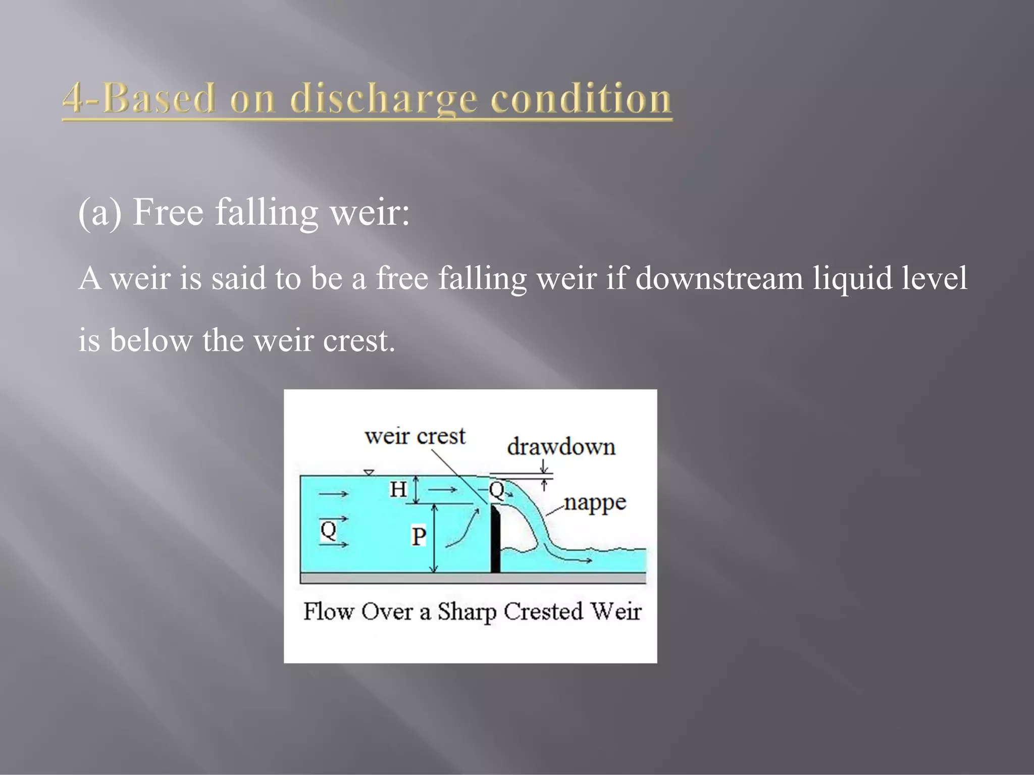 (a) Free falling weir:
A weir is said to be a free falling weir if downstream liquid level
is below the weir crest.
 