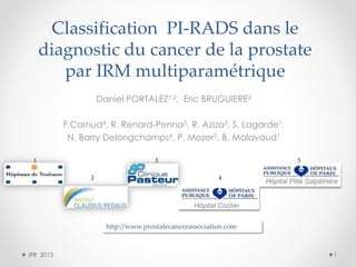Classification PI-RADS dans le
diagnostic du cancer de la prostate
par IRM multiparamétrique
Daniel PORTALEZ1,2, Eric BRUGUIERE3

F.Cornud4, R. Renard-Penna5, R. Aziza2, S. Lagarde1,
N. Barry Delongchamps4, P. Mozer5, B. Malavaud1
1

3
2

5
4

Hôpital Pitié Salpétrière

Hôpital Cochin

http://www.prostatecancerassociation.com

JFR 2013

1

 