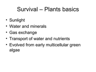 Survival – Plants basics
• Sunlight
• Water and minerals
• Gas exchange
• Transport of water and nutrients
• Evolved from early multicellular green
algae
 