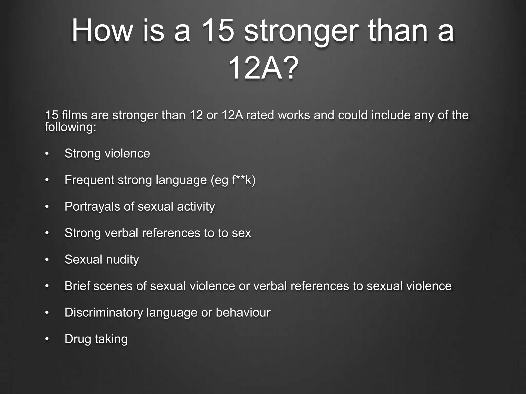 How is a 15 stronger than a
12A?
15 films are stronger than 12 or 12A rated works and could include any of the
following:
•

Strong violence

•

Frequent strong language (eg f**k)

•

Portrayals of sexual activity

•

Strong verbal references to to sex

•

Sexual nudity

•

Brief scenes of sexual violence or verbal references to sexual violence

•

Discriminatory language or behaviour

•

Drug taking

 