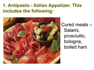 Cured meats –
Salami,
prosciutto,
bologna,
boiled ham
 