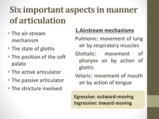 Six important aspects in manner
of articulation
 The air-stream
mechanism
 The state of glottis
 The position of the soft
palate
 The active articulator
 The passive articulator
 The stricture involved
1.Airstream mechanisms
Pulmonic: movement of lung
air by respiratory muscles
Glottalic: movement of
pharynx air by action of
glottis
Velaric: movement of mouth
air by action of tongue
Egressive: outward-moving
Ingressive: inward-moving
 